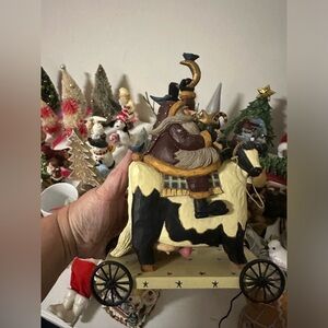 Williraye Studio Primitive Santa on a Cow Figurine 1997 Folk Art Christmas